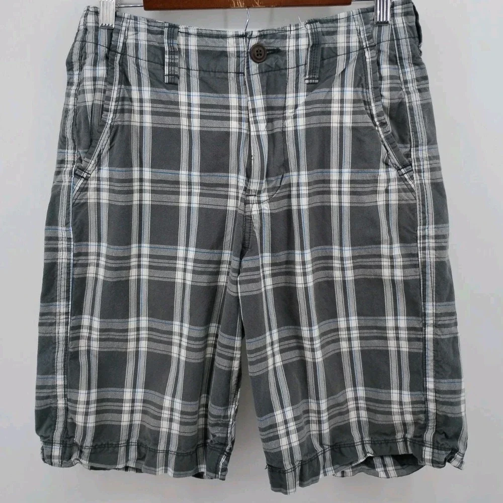 American Eagle‎ Mens Shorts Longer Length Size 28 Gray Plaid All Cotton 11in